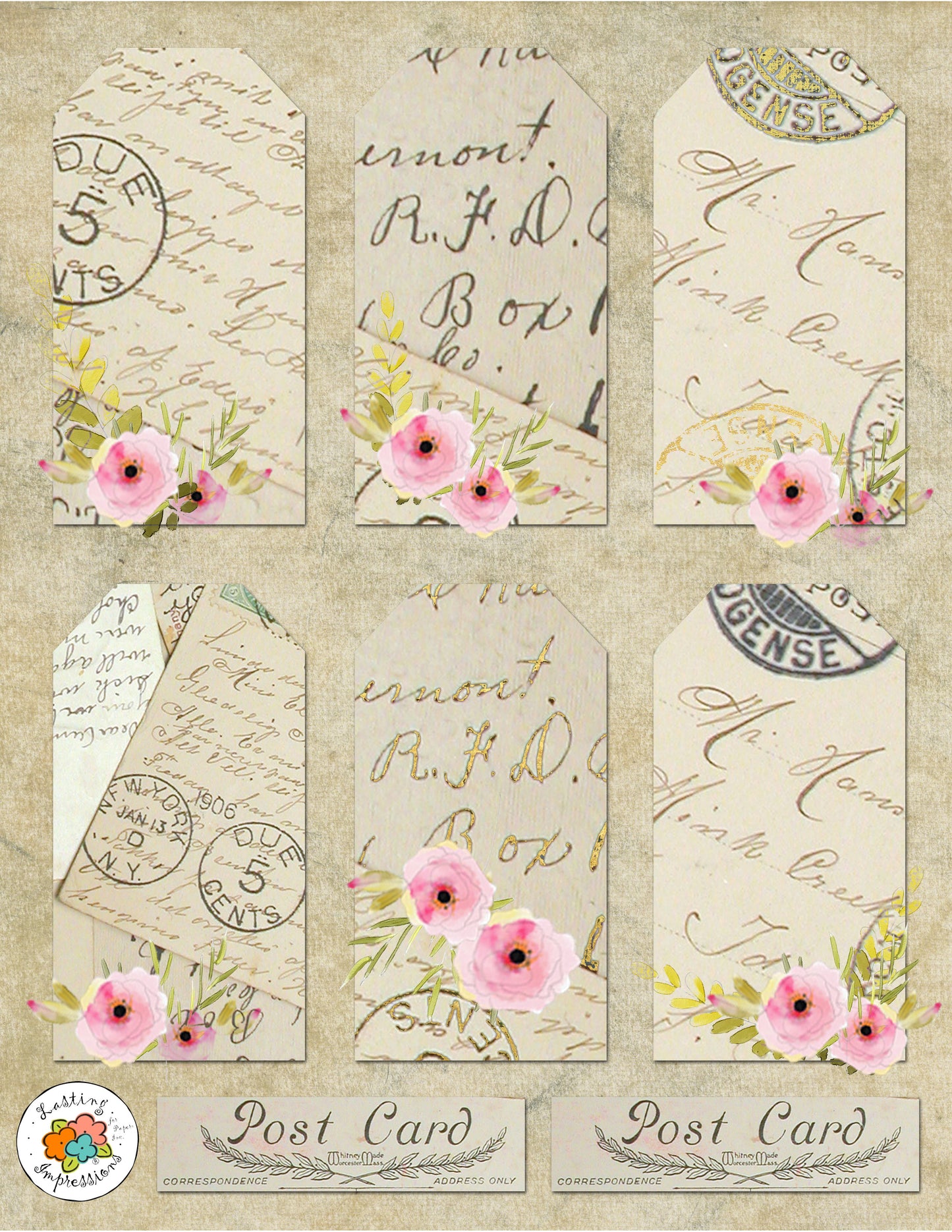 VPRGT8 - Vintage Postcard Rose Garden Tags