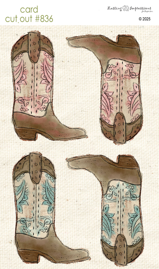 CCO 836 Card Cut Out # 836 Pink Geranium & Sea Foam Cowboy Boots