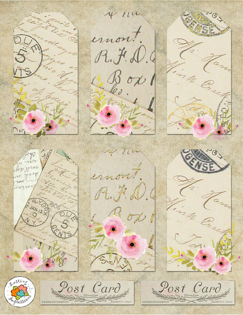 *VPRGT8 - Vintage Postcard Rose Garden Tags